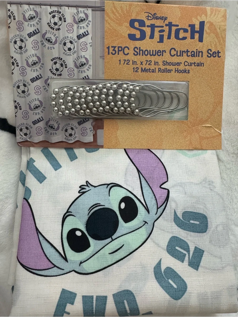 Disney Stitch Soccer Club Shower Curtain in White, Purple, and Black
